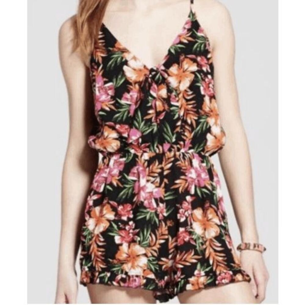 Mossimo Women's Size XL Black Orange Pink Tropical Front Knot Floral Romper